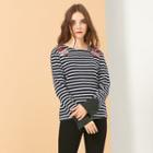 Long-sleeved Floral Print Embroidered Striped Slim T-shirt