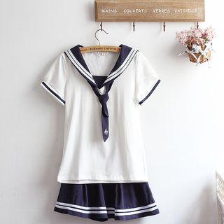 Set: Short-sleeve Sailor Shirt + Skirt / Short-sleeve Sailor Shirt / A-line Skirt