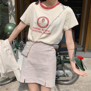 Crew-neck Print T-shirt / Plaid High-waist Skirt