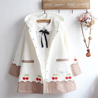Cherry Embroidered Hooded Coat / Lace Collar Long-sleeve Shirt / Set: Cherry Embroidered Hooded Coat + Lace Collar Long-sleeve Shirt