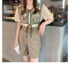 Puff-sleeve Blouse / Flower Print Tie-front Vest / High-waist Shorts