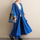 Long Embroidered-trim Tie-front Coat