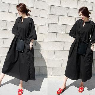 Balloon-sleeve Gathered Long Dress