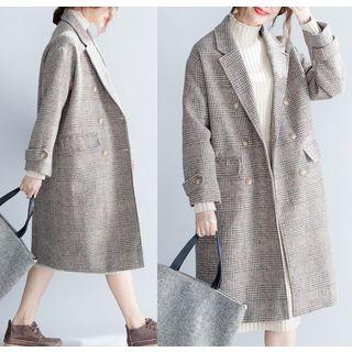 Double Breasted Plaid Coat Plaid - Coffee - One Size
