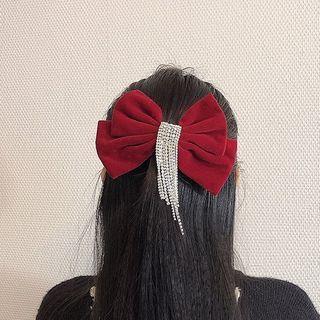 Bow Velvet Rhinestone Fringed Hair Clip