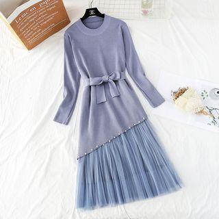 Set: Tie-waist Knit Dress + Mesh Midi Skirt