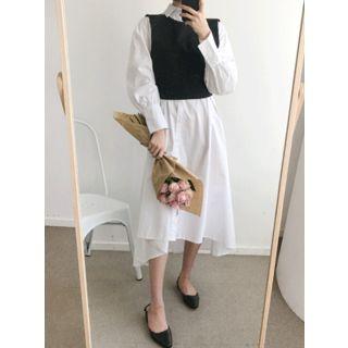 Set: Tie-back Sleeveless Knit Top + Long Shirtdress