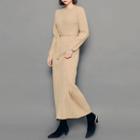 Round-neck Ribbed Long Dress With Sash