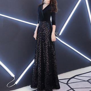 Sequin 3/4-sleeve A-line Evening Gown / Dress