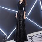 Sequin 3/4-sleeve A-line Evening Gown / Dress