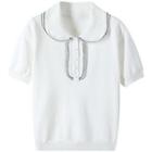 Short-sleeve Knit Frill Trim Top White - One Size