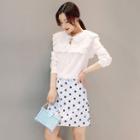 Set: Frill Trim Long Sleeve Blouse + Dotted A-line Skirt