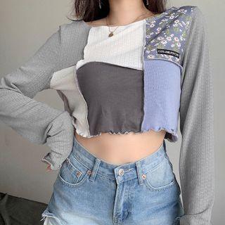 Color Panel Ruffle-trim Long-sleeve Crop Top
