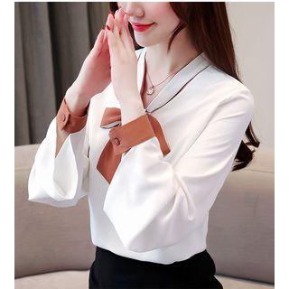 Long-sleeve Color Block Ribbon Chiffon Blouse