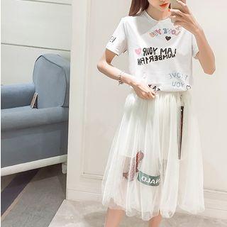 Set: Printed Short-sleeve T-shirt + Mesh Skirt