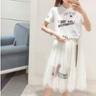 Set: Printed Short-sleeve T-shirt + Mesh Skirt