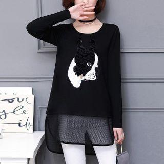 Mesh Hem Dog Applique Long Sleeve T-shirt