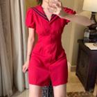 Short-sleeve Sailor Collar Mini A-line Shirt Dress