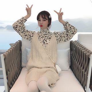 Stand Collar Floral Print Shirt / Sleeveless Midi Cable-knit Dress