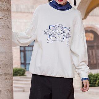 Mock-two Piece Angel Print Turtleneck Top