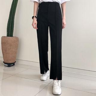 Band-waist Slit-front Straight-cut Pants