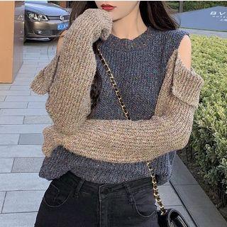 Two-tone Cold Shoulder Ribbed Sweater As Shown In Figure - One Size
