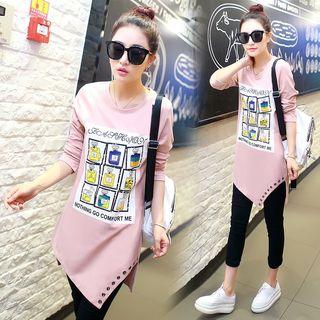 Diagonal-hem Buttoned Print Tunic