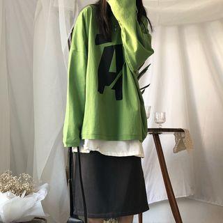 Lettering Oversize Long-sleeve T-shirt / Midi Straight-fit Skirt