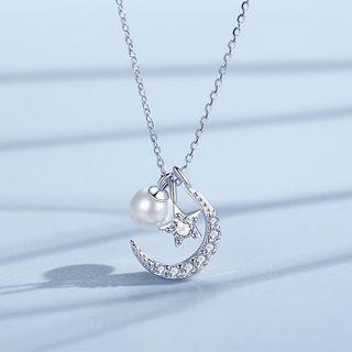 Faux Pearl Moon Necklace Silver - One Size