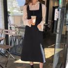 Ruffle Trim Long-sleeve Top / Pocketed Pinafore Dress