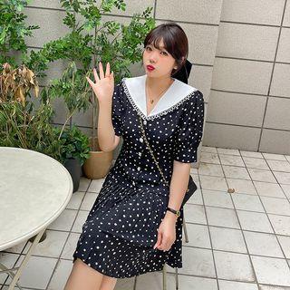 Puff-sleeve Collar Floral Pleated Midi A-line Dress
