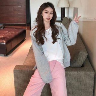 Plain Zipped Hooded Jacket / Plain T-shirt / High-waist Wide-leg Pants