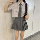 Plain Cropped Cargo Blouse / Plain Pleated Mini Skirt