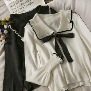 Contrasted Ribbon-front Knit Polo Top