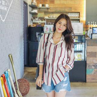 Notched-collar 3/4-sleeve Stripe Shirt