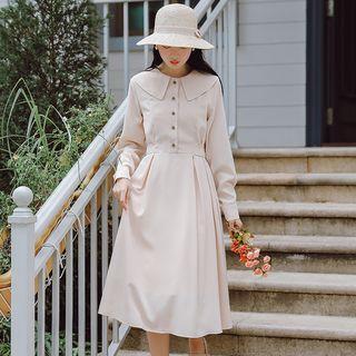 Collared Gathered-waist Long-sleeve Dress
