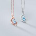 925 Sterling Silver Rhinestone Cat & Moon Pendant Necklace