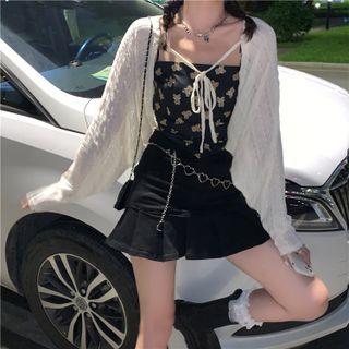 Tie-front Lace Cardigan / Bear Print Camisole Top / Mini A-line Skirt / Heart Chain Belt