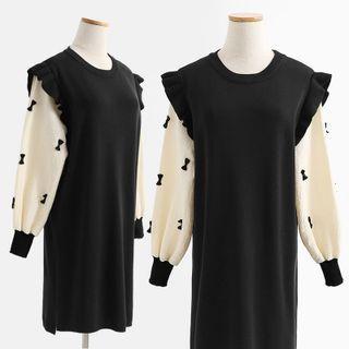 Puff-sleeve Ruffled Bow Knit Dress