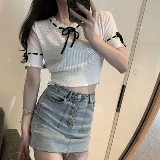 Bow Detail Short-sleeve Cropped Knit Top As Shown In Figure - One Size