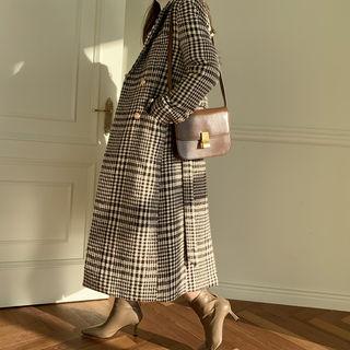 Woolen Plaid Long Coat & Sash