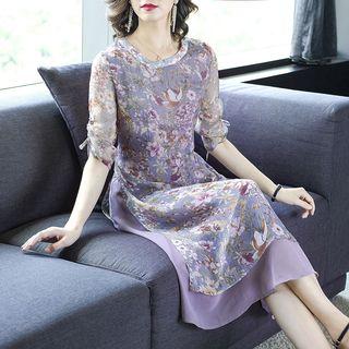Elbow-sleeve Floral Layered Midi Dress