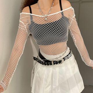 Long-sleeve Off-shoulder Fishnet Crop Top