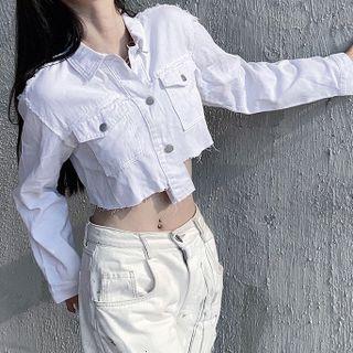 Long Sleeve Distressed Crop Denim Jacket