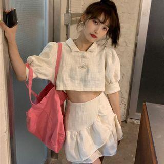 Set: Puff-sleeve Lapel Cropped Blouse + Ruffled Mini Skirt