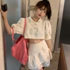 Set: Puff-sleeve Lapel Cropped Blouse + Ruffled Mini Skirt