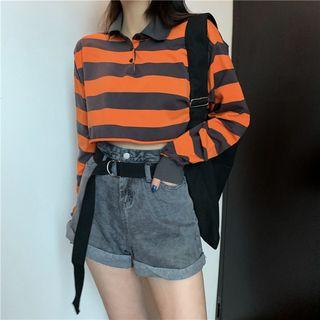 Striped Long-sleeve Crop Polo-shirt