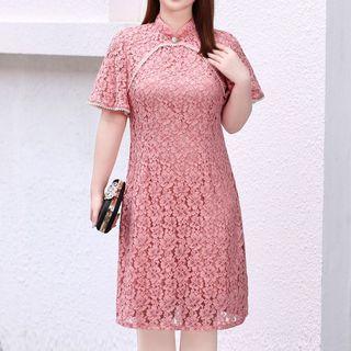 Short-sleeve Embellished Trim Lace Qipao