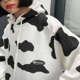 Cow Print Drawstring Hoodie