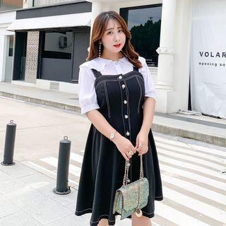 Set: Short-sleeve Blouse + Midi Pinafore Dress
